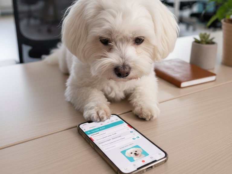 Ein weißer Hund sitzt an einem Tisch und schaut auf ein Smartphone.