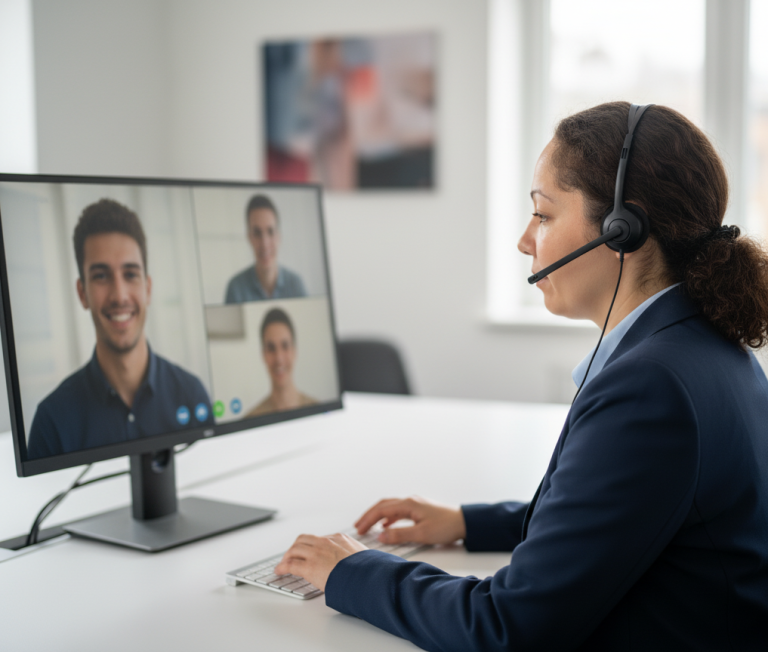 Frau in Anzug mit Headset, während sie an einem Videomeeting teilnimmt. 