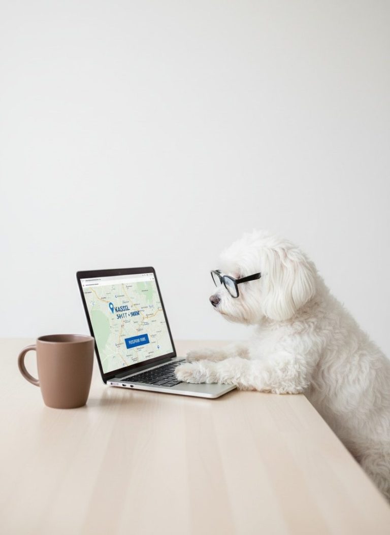 Ein Hund im Büro mit Brille arbeitet an einem Laptop neben einer Tasse.