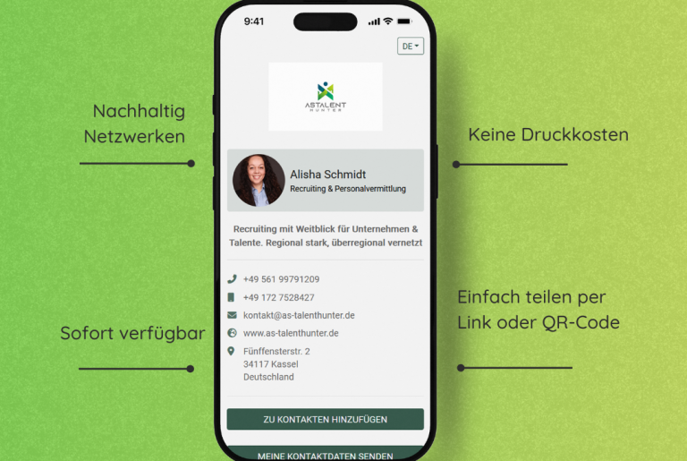 Mobile App mit Kontaktinformationen und QR-Code zur einfachen Verbindung.